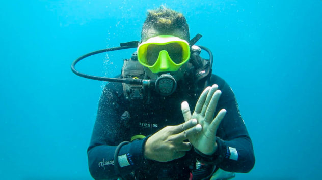 This diving hand signal is used to ask how much air you have left in your tank. You should always check your air in your tank throughout the dive