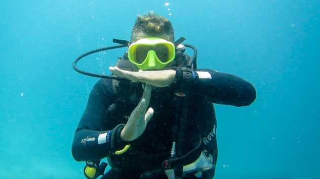 This diving hand signal is used to show that you have 100 bar left in your tank, This is made by making a T shape.